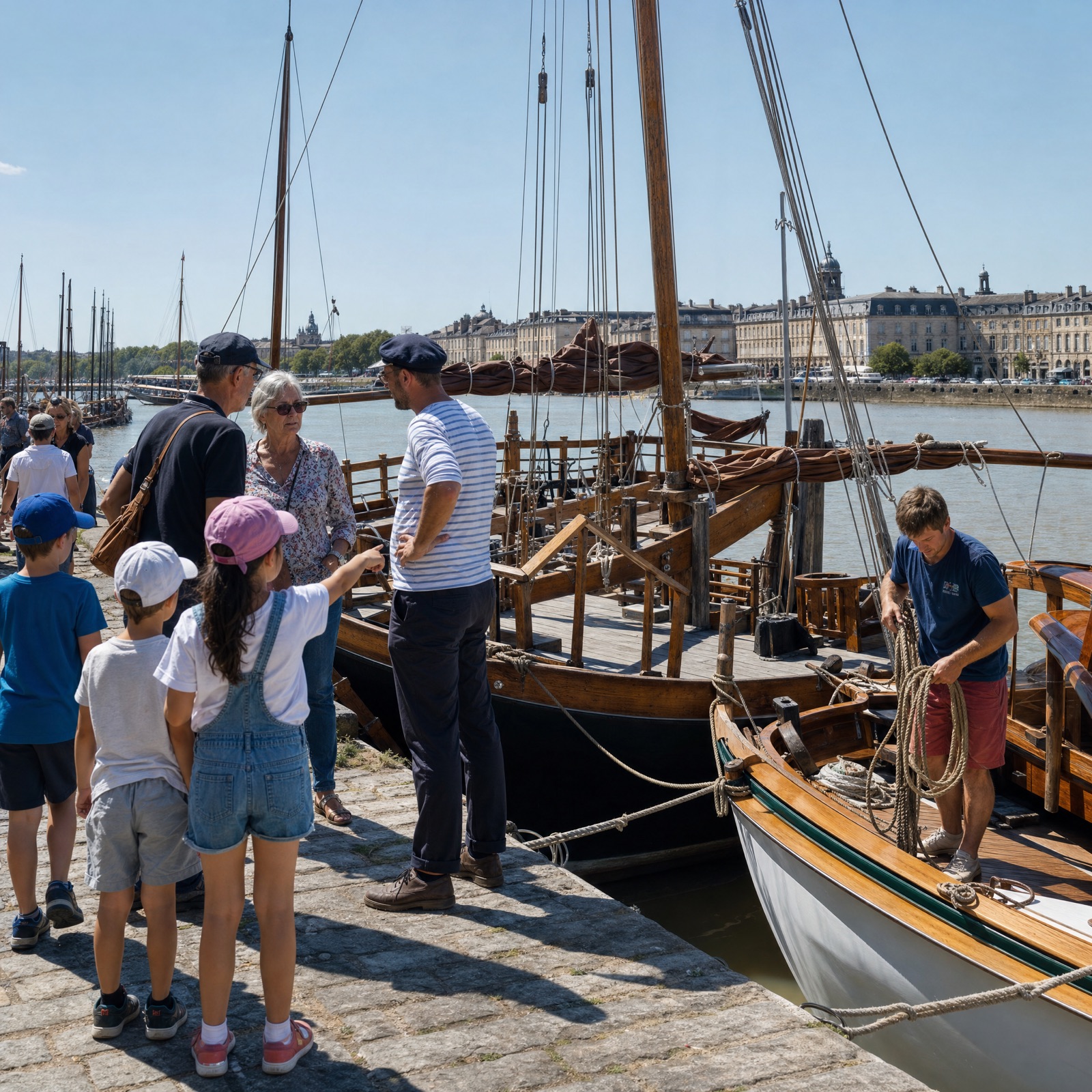Des écoliers examinent des photographies d'archives avec un ancien marinier lors d'un atelier de la Section de Floirac